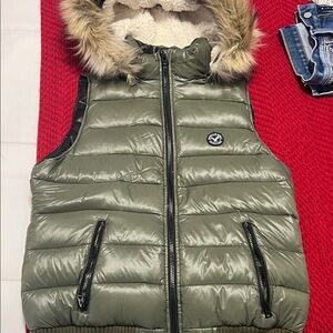 Olive Green Puffer Vest with Faux Fur Hood